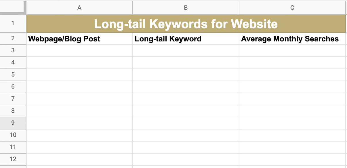 Spreadsheet for keeping track of long-tail keywords with three columns: webpage/blog post, long-tail keyword, and average monthly searches.