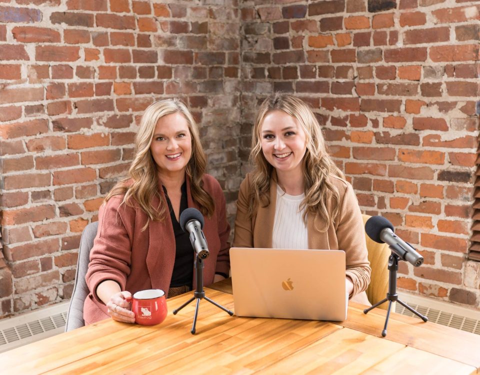 Kelly Rice and Victoria Rayburn working on podcast